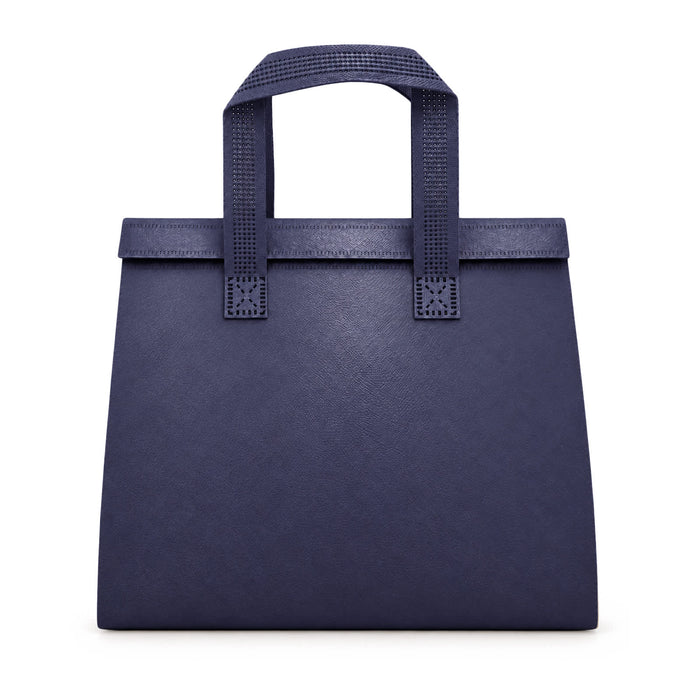 Wayfarer Cooler Bag - A navy cooler bag with two textured handles and a structured design. It features a logo on the front.