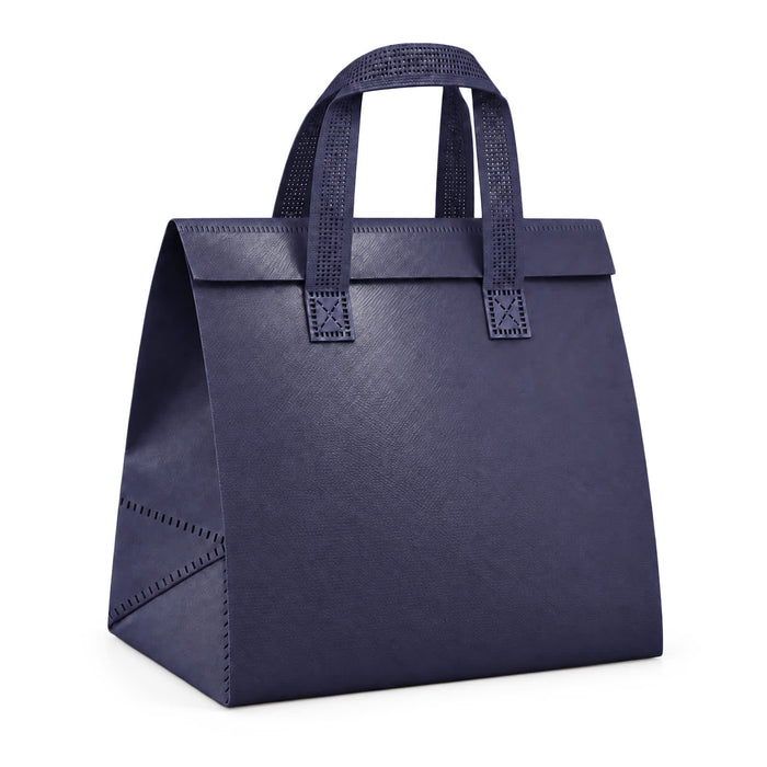 Wayfarer Cooler Bag - A navy blue cooler bag with sturdy handles and a structured design, featuring a logo.