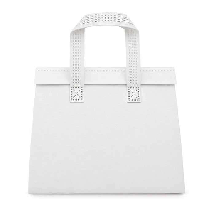 Wayfarer Cooler Bag - A white cooler bag with two sturdy handles, featuring a simple design and a logo.