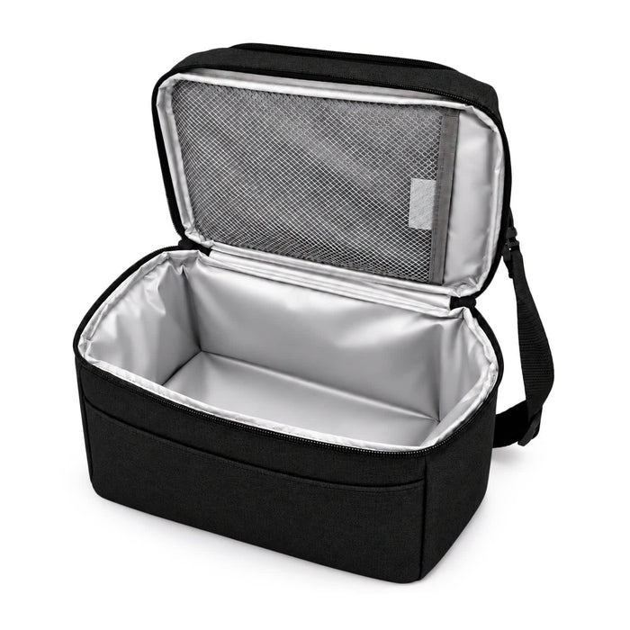 Kanto Cooler Bag - A black cooler bag with a silver interior, featuring a mesh pocket in the lid and a shoulder strap.