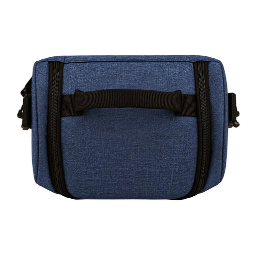 Kanto Cooler Bag - A cooler bag in a blue textured fabric with a black handle and zippers, featuring a logo on the front.