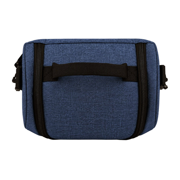 Kanto Cooler Bag - A cooler bag in a blue textured fabric with a black handle and zippers, featuring a logo on the front.