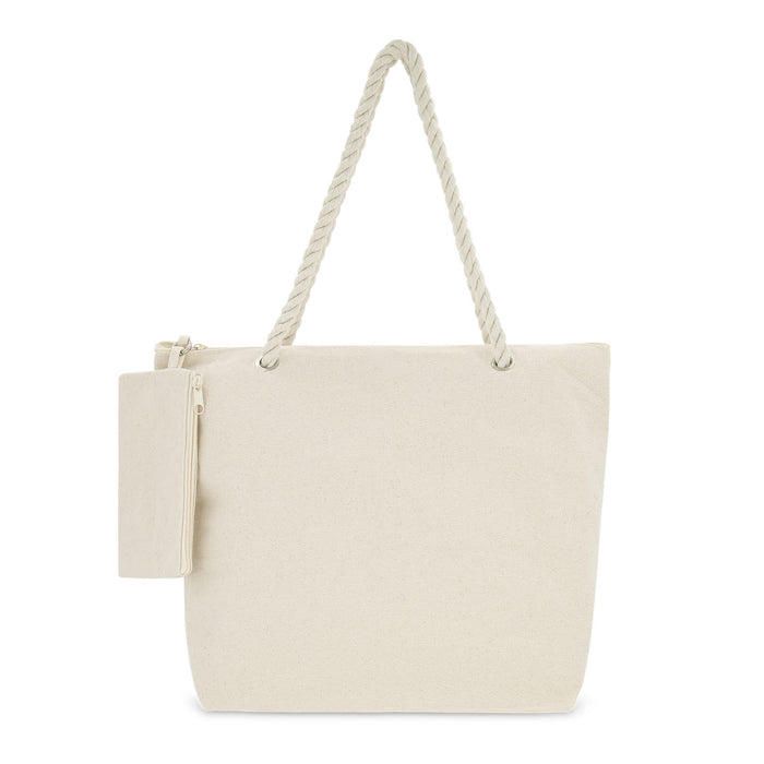 The Courtside Carry - A cream-coloured tote bag with a rope handle and a side pouch. It has a simple, minimalist design.