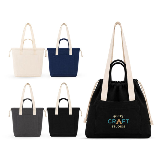 Darby Tote Bag - A collection of Darby Tote Bags in cream, navy, grey, and black, featuring long handles and a drawstring closure.