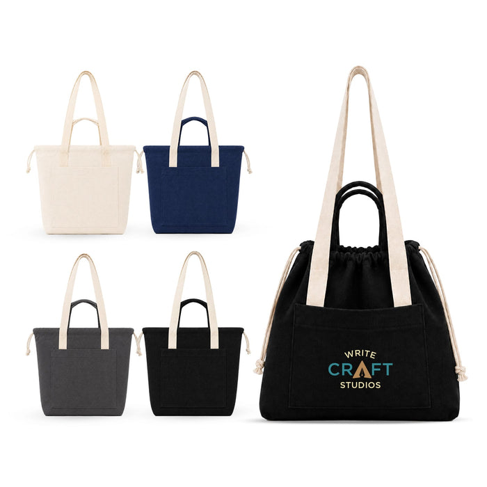 Darby Tote Bag - A collection of Darby Tote Bags in cream, navy, grey, and black, featuring long handles and a drawstring closure.