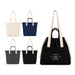 Darby Tote Bag - A collection of Darby Tote Bags in cream, navy, grey, and black, featuring long handles and a drawstring closure.