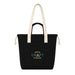 Darby Tote Bag - A black tote bag with long beige handles and a front pocket featuring a logo.