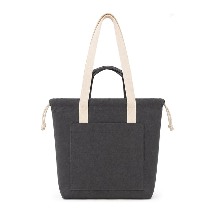 Darby Tote Bag - A dark grey tote bag with cream handles and a front pocket, featuring a drawstring closure.