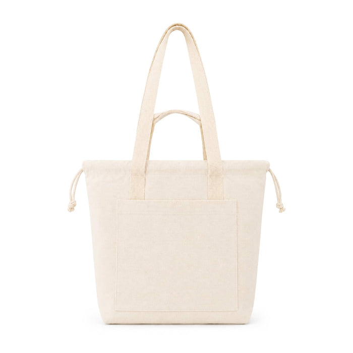 Darby Tote Bag - A cream-coloured tote bag with a front pocket and two handles. It features a branding logo.