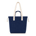 Darby Tote Bag - A navy blue tote bag with cream handles and a front pocket, featuring a logo on the front.