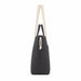 Darby Tote Bag - A grey tote bag with cream straps and a drawstring closure, featuring a side pocket.