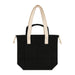 Darby Tote Bag - A black tote bag with beige handles and a front pocket, featuring a logo.