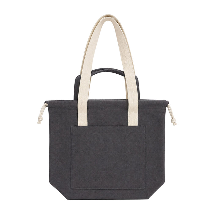Darby Tote Bag - A dark grey tote bag with beige handles and a front pocket, featuring a logo.