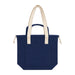 Darby Tote Bag - A navy tote bag with cream handles and a front pocket, featuring a branded logo.