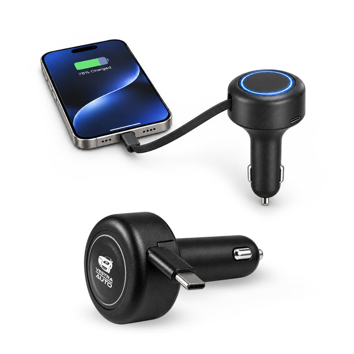 Turbo 20w Retractable Car Charger - A black retractable car charger with a USB-C connector, paired with a smartphone displaying a charging indicator.