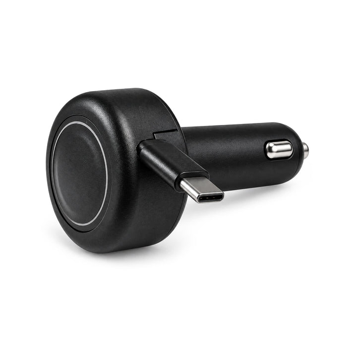 Turbo 20w Retractable Car Charger - A black retractable car charger with a USB-C plug, featuring a rounded design and an integrated charging cable.