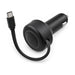 Turbo 20w Retractable Car Charger - A black retractable car charger featuring a USB-C port and a compact design. It includes an integrated cable.