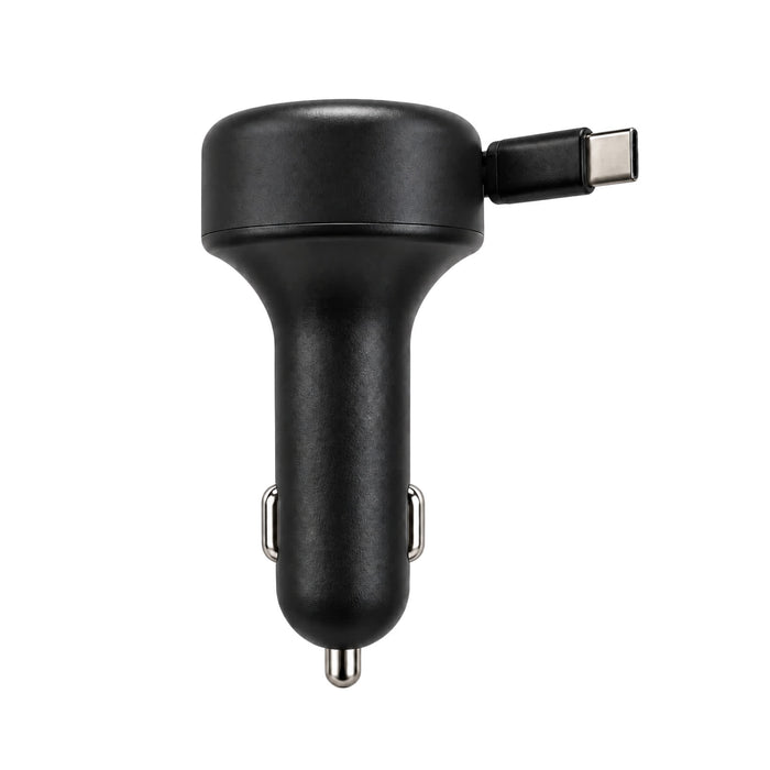 Turbo 20w Retractable Car Charger - A black retractable car charger with a USB-C connector and a two-prong attachment for vehicle use.