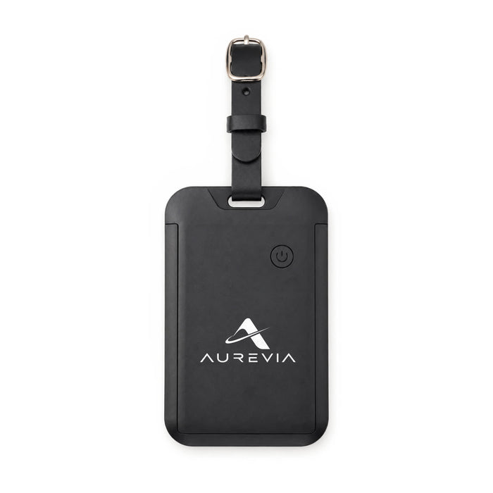 Jet Luggage Tag Tracker - A black luggage tag tracker with a strap, featuring a logo on the front and a power button.