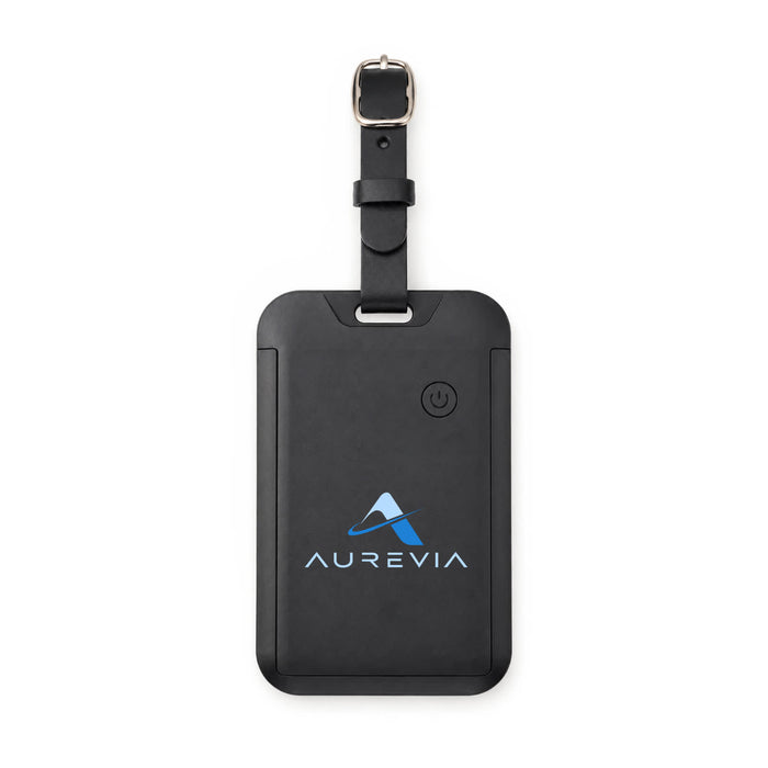 Jet Luggage Tag Tracker - A black luggage tag tracker with a strap and a prominent logo.