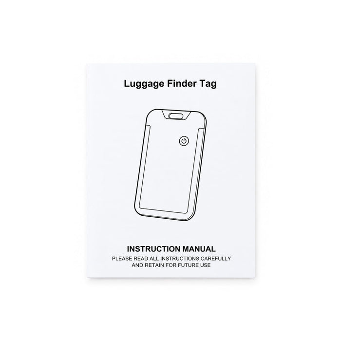 Jet Luggage Tag Tracker - A luggage tag tracker depicted in a simple outline, featuring a logo and an instruction manual on a white background.