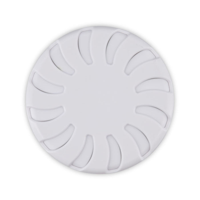 Bloom Fragrance Pot - A white Bloom Fragrance Pot with a circular design and cut-out shapes for fragrance dispersion. It has a simple, modern style.