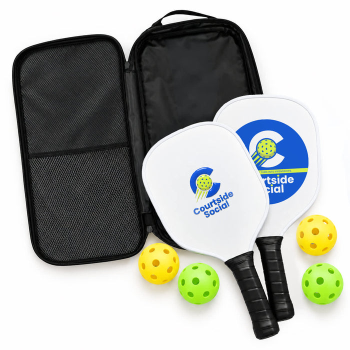 Matchpoint Pickleball Set - A pickleball set featuring two paddles, a zippered case, and three balls in yellow and green.