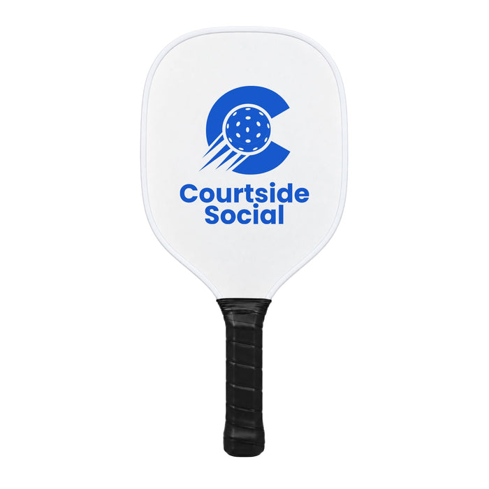 The Play & Graze - A white pickleball paddle featuring a blue logo and black grip. The paddle has a smooth surface and a rounded shape.