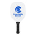 The Play & Graze - A white pickleball paddle featuring a blue logo and black grip. The paddle has a smooth surface and a rounded shape.