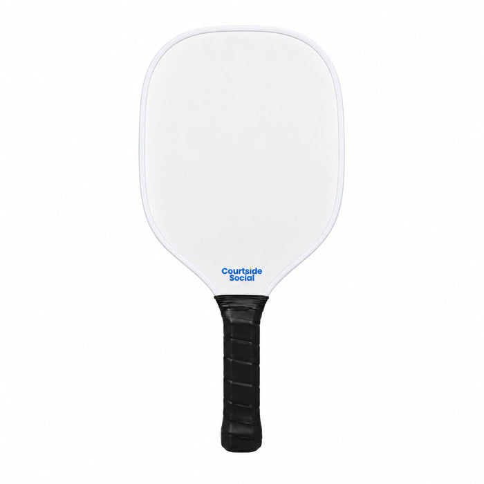 Matchpoint Pickleball Set - A white pickleball paddle with a black handle, featuring a logo near the bottom of the paddle.