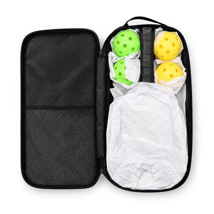 Matchpoint Pickleball Set - A black carrying case containing a pickleball paddle and three balls in bright yellow and green.
