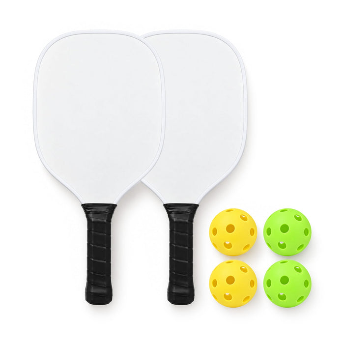 The Play & Graze - A pickleball set featuring two paddles with black grips and four balls in yellow and green.