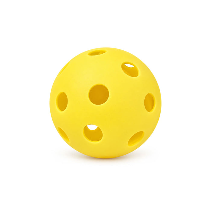 Matchpoint Pickleball Set - A bright yellow pickleball with holes, designed for the game of pickleball.
