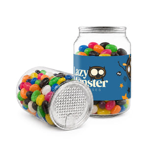 Assorted Jelly Beans in Clear Can 210g - A clear canister filled with assorted jelly beans in vibrant colours, including black, white, green, and orange.