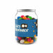 Assorted Jelly Beans in Clear Can 210g - A clear canister filled with assorted jelly beans in vibrant colours, featuring a blue label with a logo.
