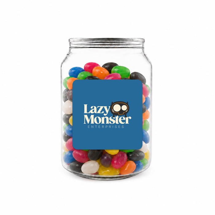 Assorted Jelly Beans in Clear Can 210g - A clear jar filled with assorted jelly beans in various colours, featuring a logo on the front.