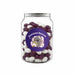 Corporate Colour Jelly Beans in Clear Can 210g - A clear jar filled with purple and white jelly beans. The jar features a colourful label with a logo.