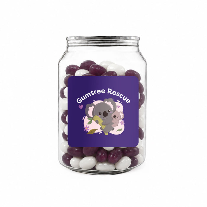 Corporate Colour Jelly Beans in Clear Can 210g - A clear jar filled with purple and white jelly beans, featuring a logo on the front.