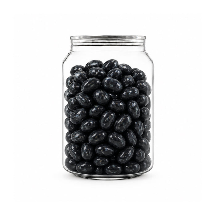 Corporate Colour Jelly Beans in Clear Can 210g - A clear jar filled with shiny black jelly beans. The jar has a metal lid and features a logo.