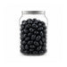 Corporate Colour Jelly Beans in Clear Can 210g - A clear jar filled with shiny black jelly beans. The jar has a metal lid and features a logo.