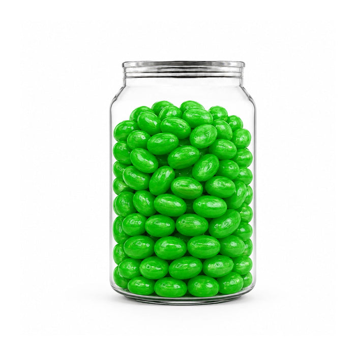 Corporate Colour Jelly Beans in Clear Can 210g - A clear jar filled with bright green jelly beans, showcasing a glossy finish and round shape.