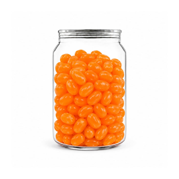 Corporate Colour Jelly Beans in Clear Can 210g - A clear can filled with vibrant orange jelly beans, showcasing their glossy texture.