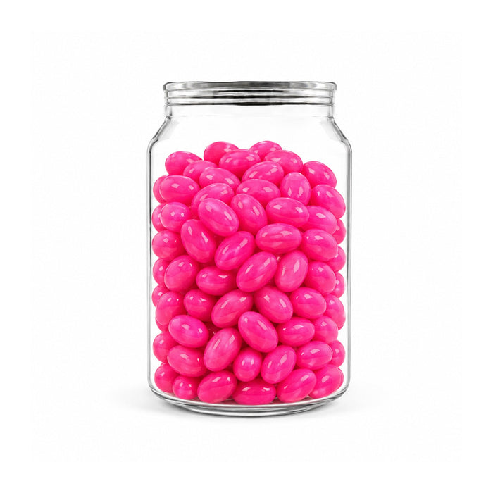 Corporate Colour Jelly Beans in Clear Can 210g - A clear jar filled with bright pink jelly beans, showcasing a vibrant and colourful assortment.