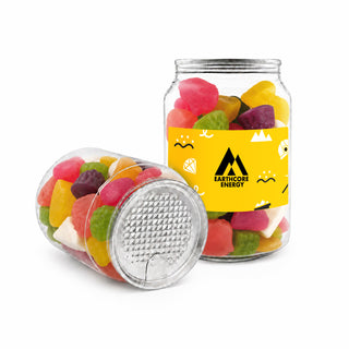 Jelly Party Mix in Clear Can 150g - A clear canister containing colourful jelly sweets in various shapes and sizes. The canister features a logo.