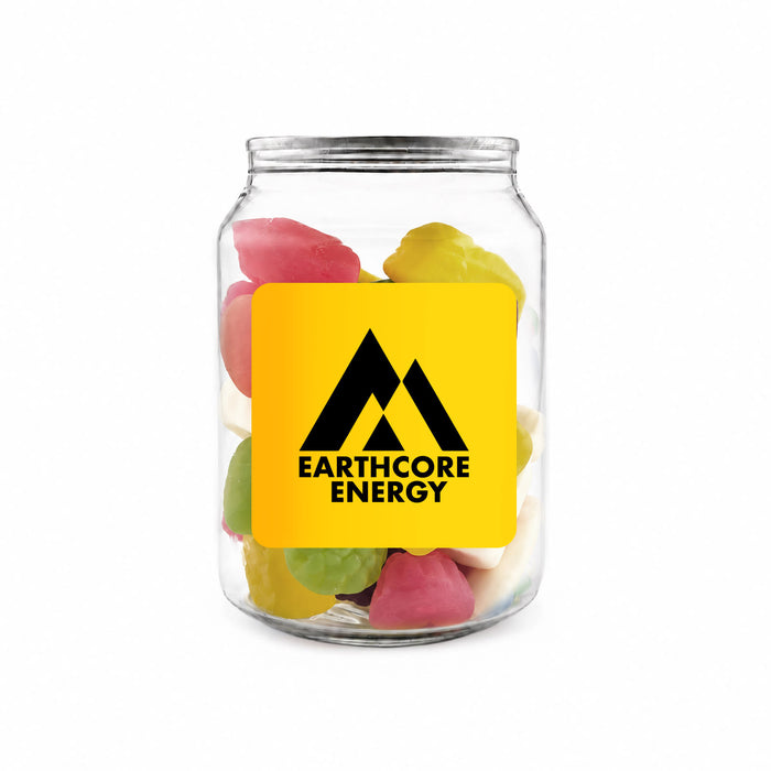 Jelly Party Mix in Clear Can 150g - A clear jar filled with colourful jelly sweets in pink, yellow, green, and white, featuring a logo.