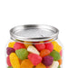 Jelly Party Mix in Clear Can 150g - A clear can filled with colourful jelly party mix sweets in various fruity shapes. The lid features a textured design.