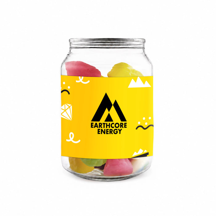 Jelly Party Mix in Clear Can 150g - A clear can filled with vibrant jelly party mix, featuring pink, yellow, and green jelly shapes.