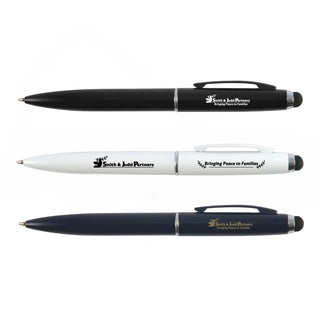 Starion Pen - Three metal pens in black, white, and blue, each featuring a logo and a clip.