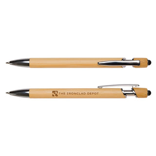 Miami Bamboo Pen - A bamboo pen featuring a silver clip and tip, with a branding logo on the barrel.