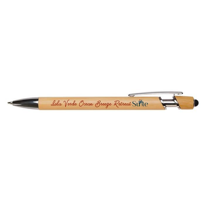 Miami Bamboo Pen - A bamboo pen with a black tip and clip, featuring a logo and engraved text in red.